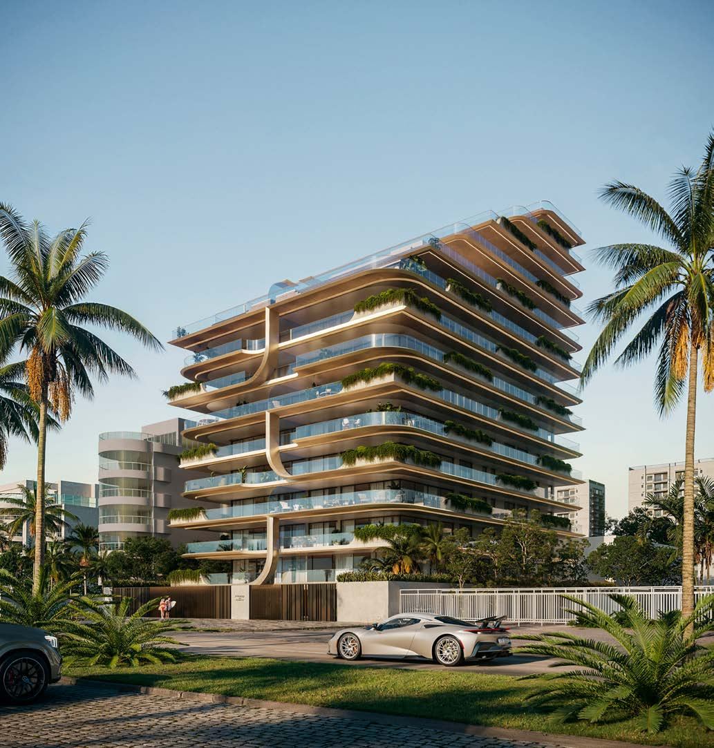 Fachada do Atto by Pininfarina com curvas em bronze e coqueiros na Av. Lúcio Costa