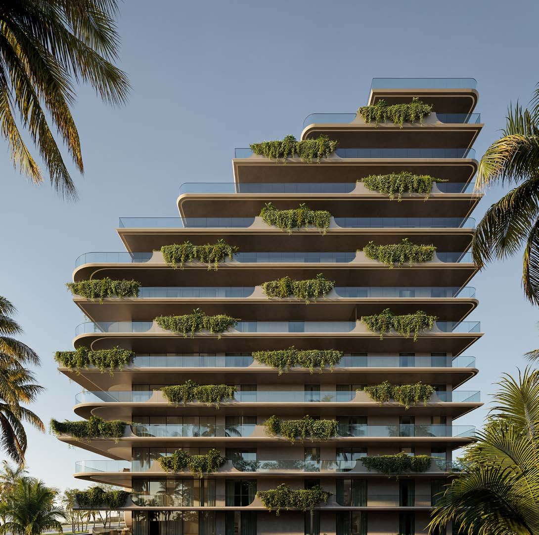 Vista do Atto by Pininfarina com terraços escalonados e vegetação nas varandas