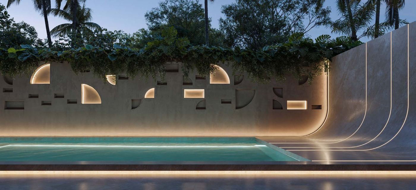 Piscina do Atto by Pininfarina com muro iluminado de nichos em arco