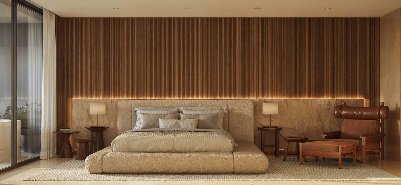 Suíte master de apartamento do Atto by Pininfarina com painel de madeira